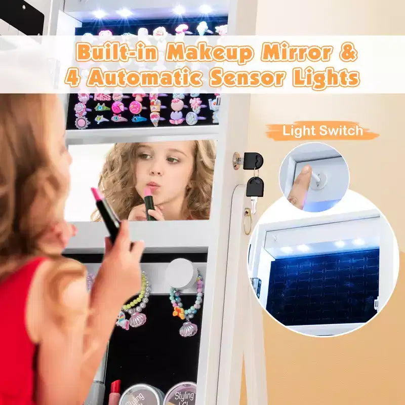 Meuble à Bijoux Enfant Pivotant avec Grand Miroir Intégral et Miroir Intérieur