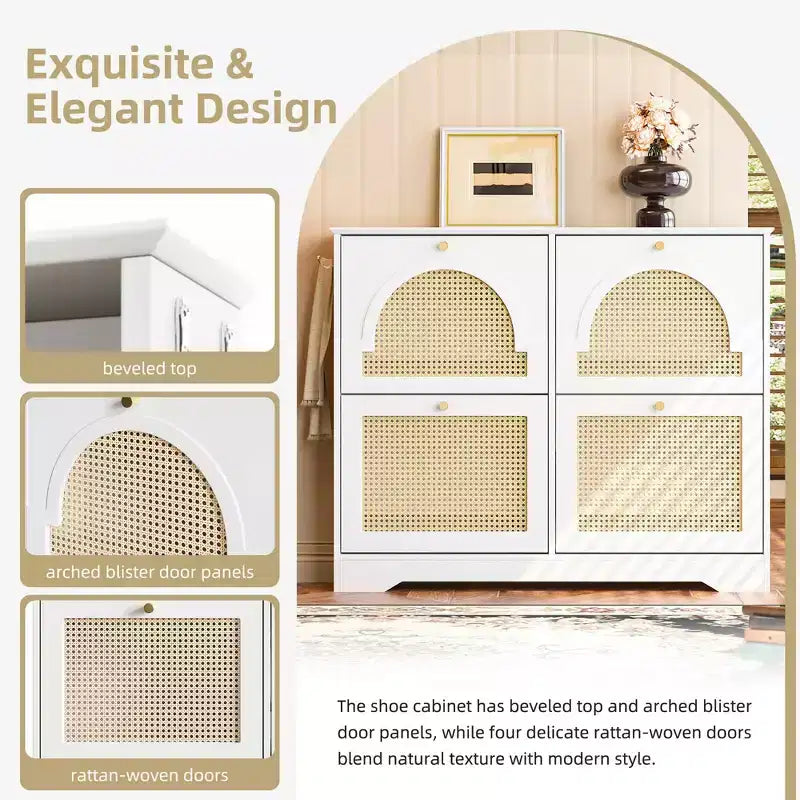 Meuble à Chaussures Étroit Basculant Mid-Century, 4 Tiroirs Basculants 4 Portes en Rotin 2 Crochets Argentés 42.1W, Blanc