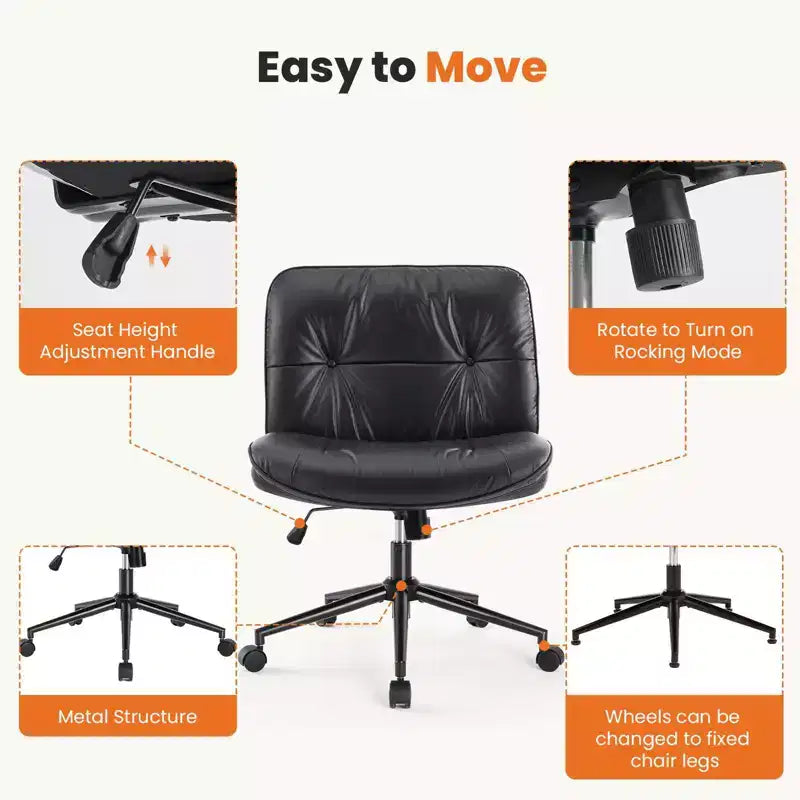 Chaise de bureau pivotante en cuir à roulettes, avec hauteur et support lombaire réglables, sans accoudoirs, pour le gaming ou le bureau