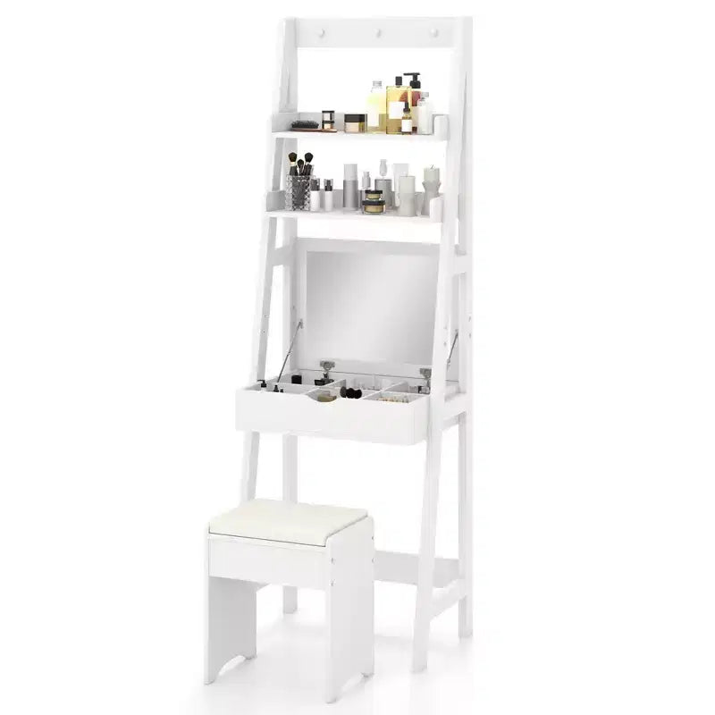 Coiffeuse avec miroir relevable et tabouret avec 3 couleurs et 6 compartiments