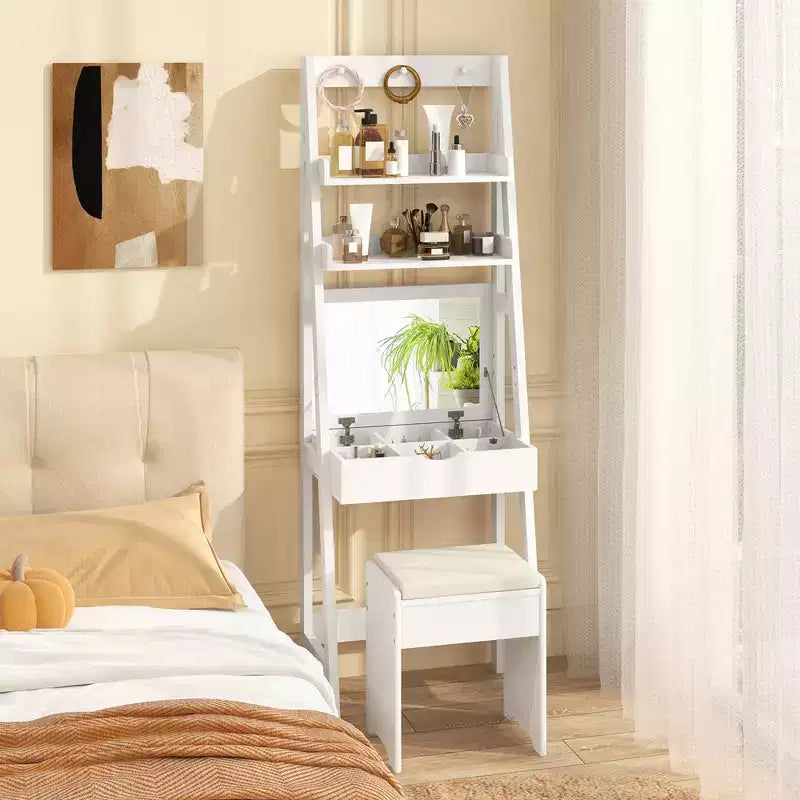 Costway Coiffeuse avec Miroir Rabattable et Tabouret, Éclairage 3 Couleurs et 6 Compartiments