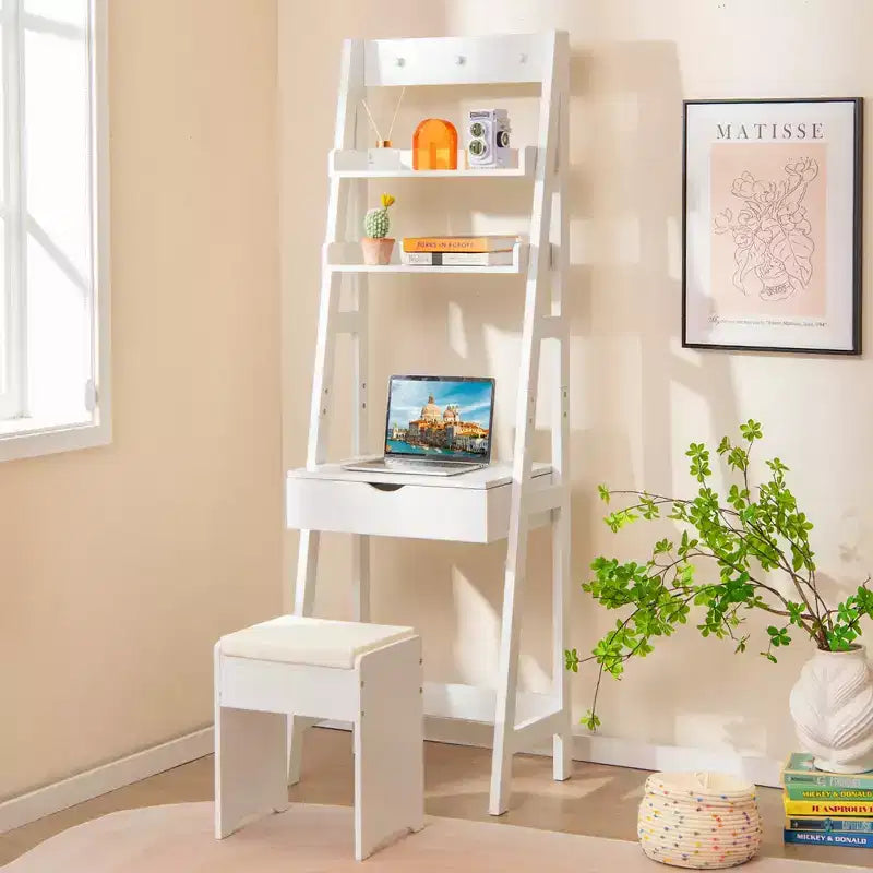 Costway Coiffeuse avec Miroir Rabattable et Tabouret, Éclairage 3 Couleurs et 6 Compartiments