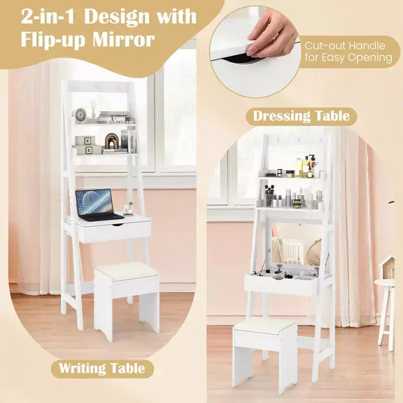 Costway Coiffeuse avec Miroir Rabattable et Tabouret, Éclairage 3 Couleurs et 6 Compartiments