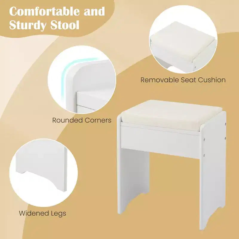 Coiffeuse avec miroir relevable et tabouret avec 3 couleurs et 6 compartiments
