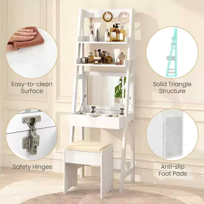 Coiffeuse avec miroir relevable et tabouret avec 3 couleurs et 6 compartiments