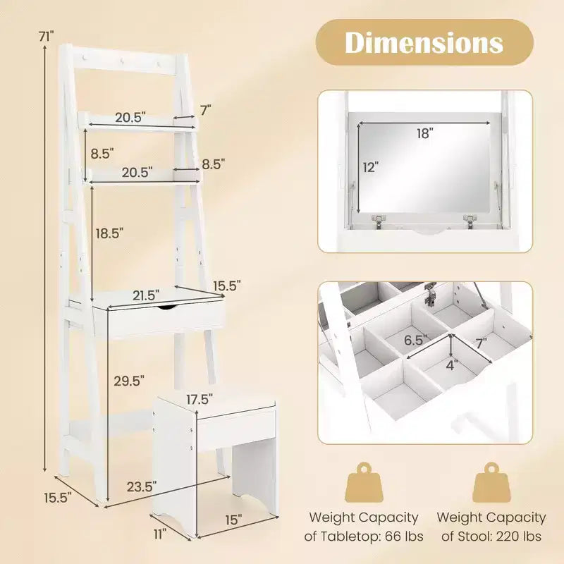 Coiffeuse avec miroir relevable et tabouret avec 3 couleurs et 6 compartiments