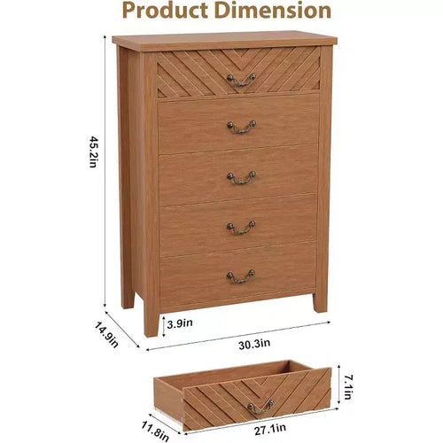 5 Drawer Dresser for Bedroom, Brown 5 Chest of Drawers N with Elegant V Shape Design, Wooden Dresser Organizer for Living Room, Nursery