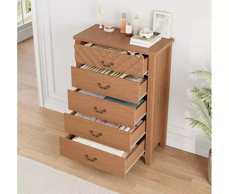 5 Drawer Dresser for Bedroom, Brown 5 Chest of Drawers N with Elegant V Shape Design, Wooden Dresser Organizer for Living Room, Nursery
