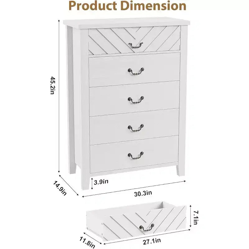 Commode à 5 tiroirs pour chambre à coucher, commode marron à 5 tiroirs avec élégant design en V, organisateur de commode en bois pour salon, chambre d'enfant