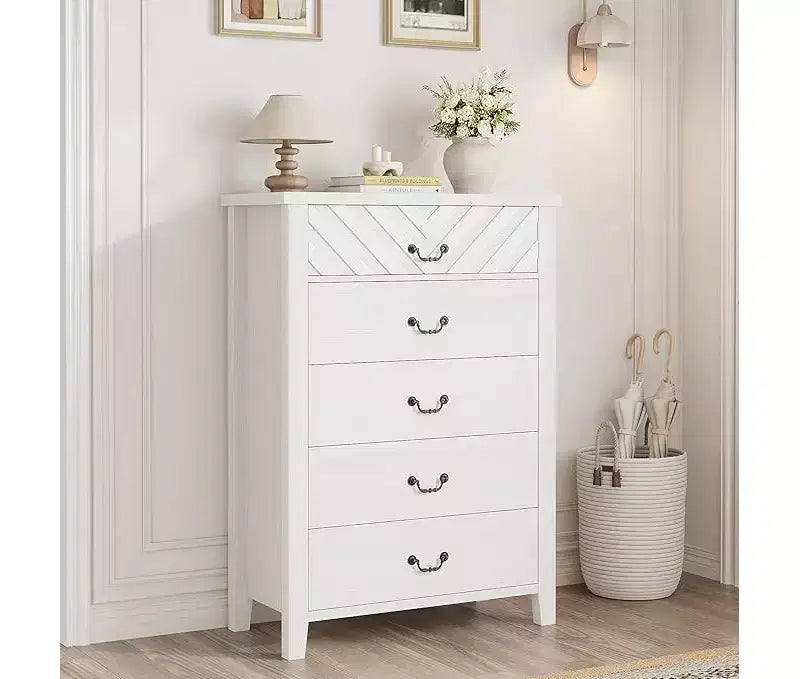 Commode à 5 tiroirs pour chambre à coucher, commode marron à 5 tiroirs avec élégant design en V, organisateur de commode en bois pour salon, chambre d'enfant