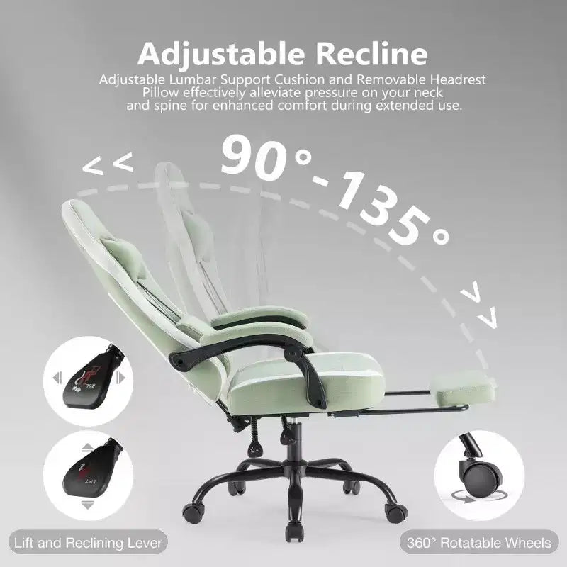 Chaise de bureau ergonomique avec siège à ressorts ensachés, chaise de jeu de 136 kg avec coussin lombaire réglable et repose-pieds pour adulte, étudiant
