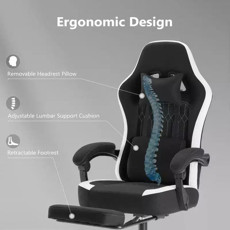 Chaise de bureau ergonomique avec siège à ressorts ensachés, chaise de jeu de 136 kg avec coussin lombaire réglable et repose-pieds pour adulte, étudiant