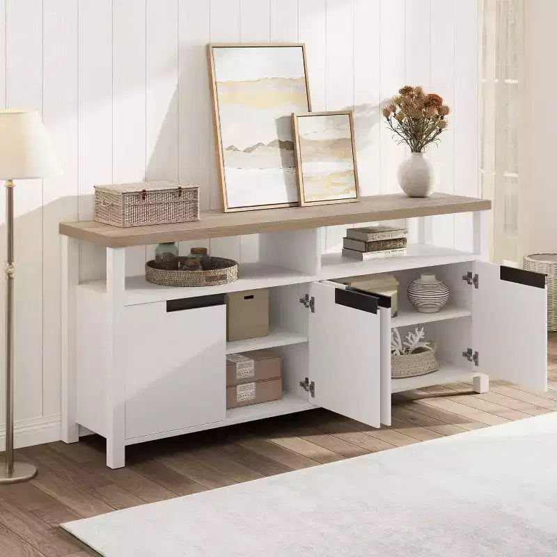 Meuble TV de style ferme pour téléviseur de 70 pouces, centre de divertissement de 160 cm de long avec rangement et étagère ouverte, grand meuble TV, console multimédia moderne et haute