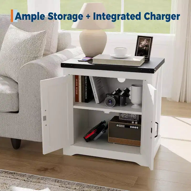 Table de Chevet Rustique 24 Pouces avec Ports USB, Type-C et Prises, Style Ferme, Étagère Réglable pour Chambre à Coucher, Salon