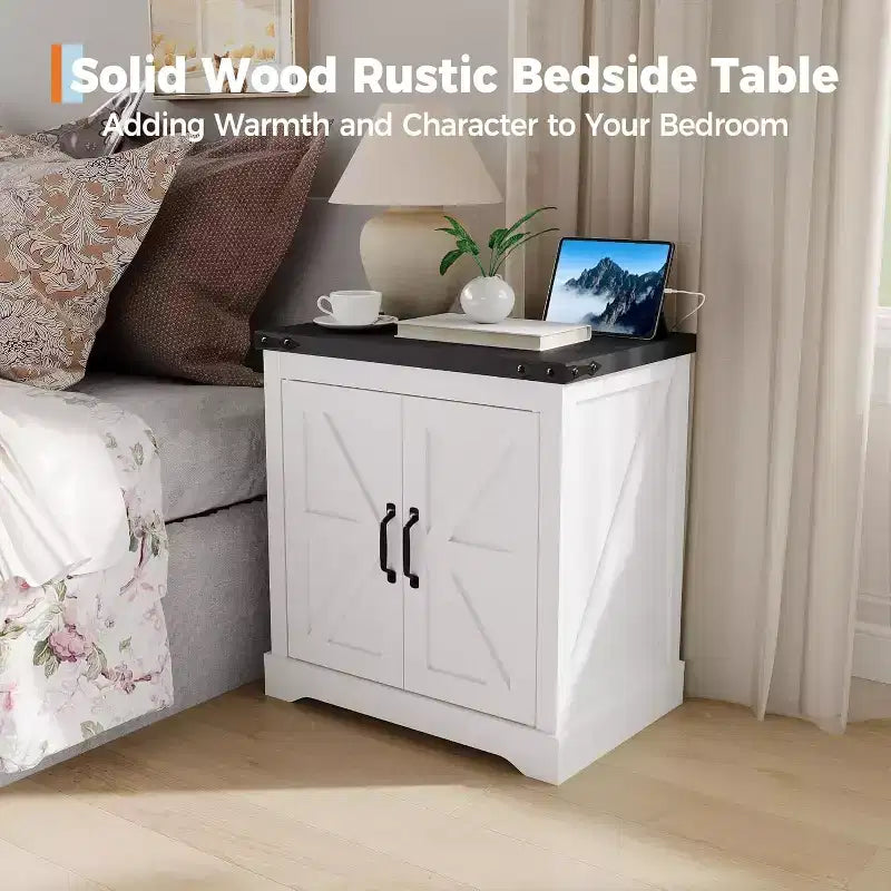 Table de Chevet Rustique 24 Pouces avec Ports USB, Type-C et Prises, Style Ferme, Étagère Réglable pour Chambre à Coucher, Salon