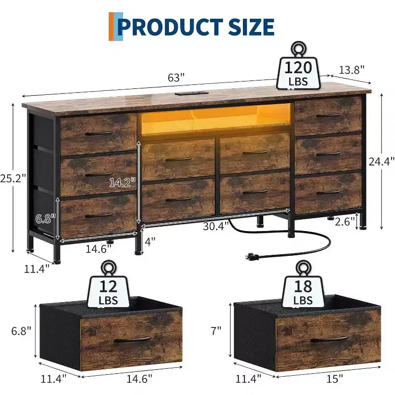 Meuble TV pour téléviseur de 65 à 75 pouces, commode longue à 10 tiroirs avec prises de courant et éclairage LED, meuble TV de 160 cm avec tiroirs de rangement