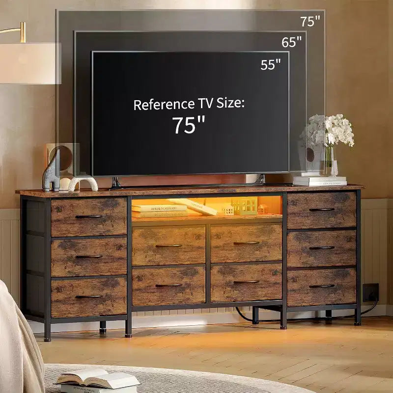 Meuble TV pour téléviseur de 65 à 75 pouces, commode longue à 10 tiroirs avec prises de courant et éclairage LED, meuble TV de 160 cm avec tiroirs de rangement