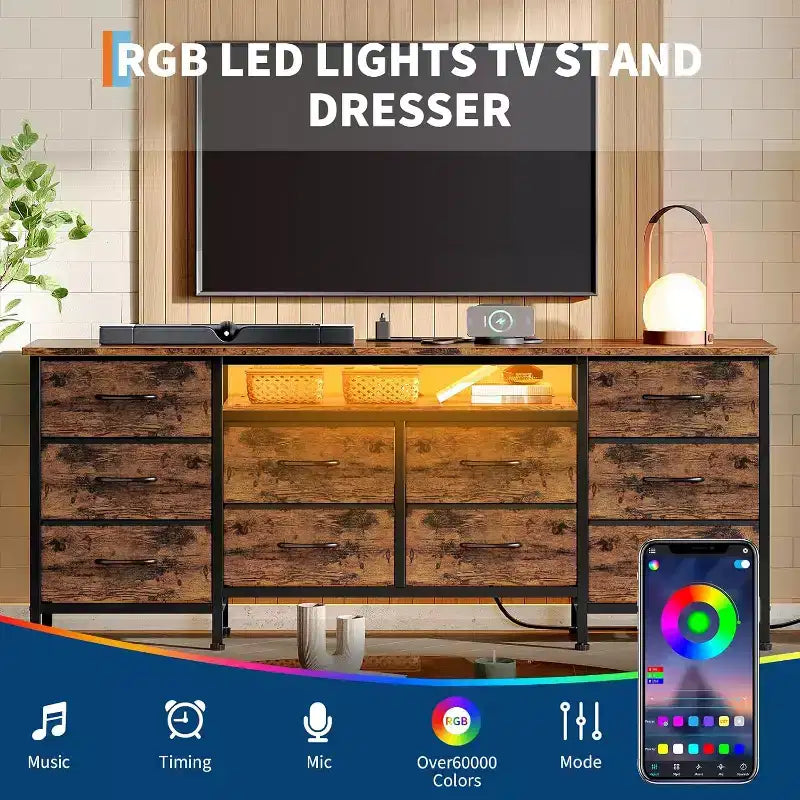 Meuble TV pour téléviseur de 65 à 75 pouces, commode longue à 10 tiroirs avec prises de courant et éclairage LED, meuble TV de 160 cm avec tiroirs de rangement