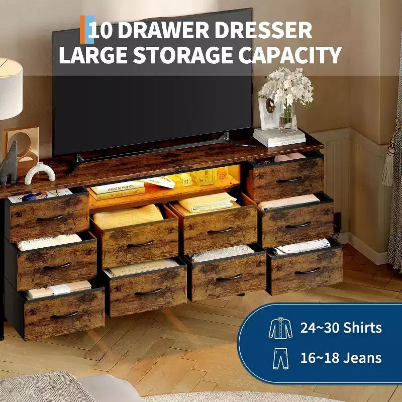 Meuble TV pour téléviseur de 65 à 75 pouces, commode longue à 10 tiroirs avec prises de courant et éclairage LED, meuble TV de 160 cm avec tiroirs de rangement