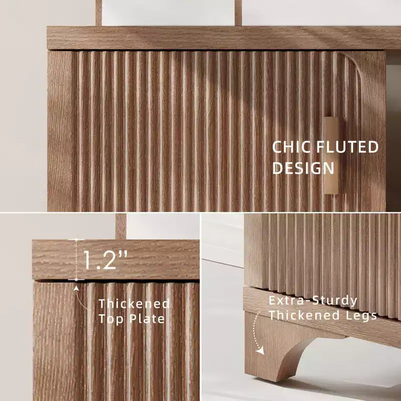 Meuble TV moderne Mid-Century SUGIFT pour téléviseurs de 55/65 pouces, console média bohème avec portes cannelées, placards de rangement et étagère ouverte