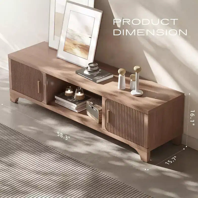 Meuble TV moderne Mid-Century SUGIFT pour téléviseurs de 55/65 pouces, console média bohème avec portes cannelées, placards de rangement et étagère ouverte