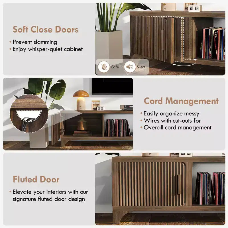 Meuble TV moderne Mid-Century SUGIFT pour téléviseurs de 55/65 pouces, console média bohème avec portes cannelées, placards de rangement et étagère ouverte