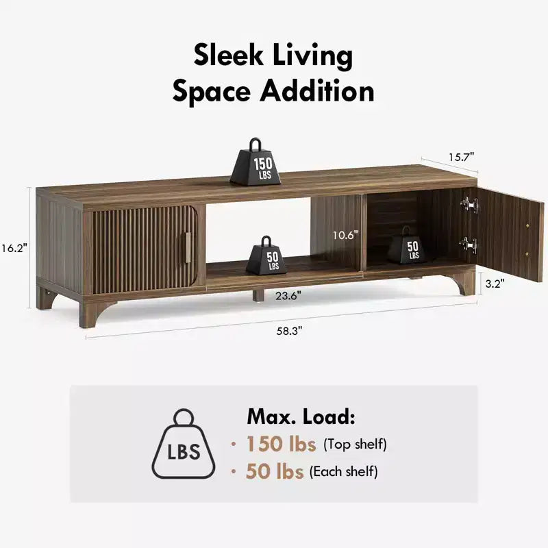 Meuble TV moderne Mid-Century SUGIFT pour téléviseurs de 55/65 pouces, console média bohème avec portes cannelées, placards de rangement et étagère ouverte