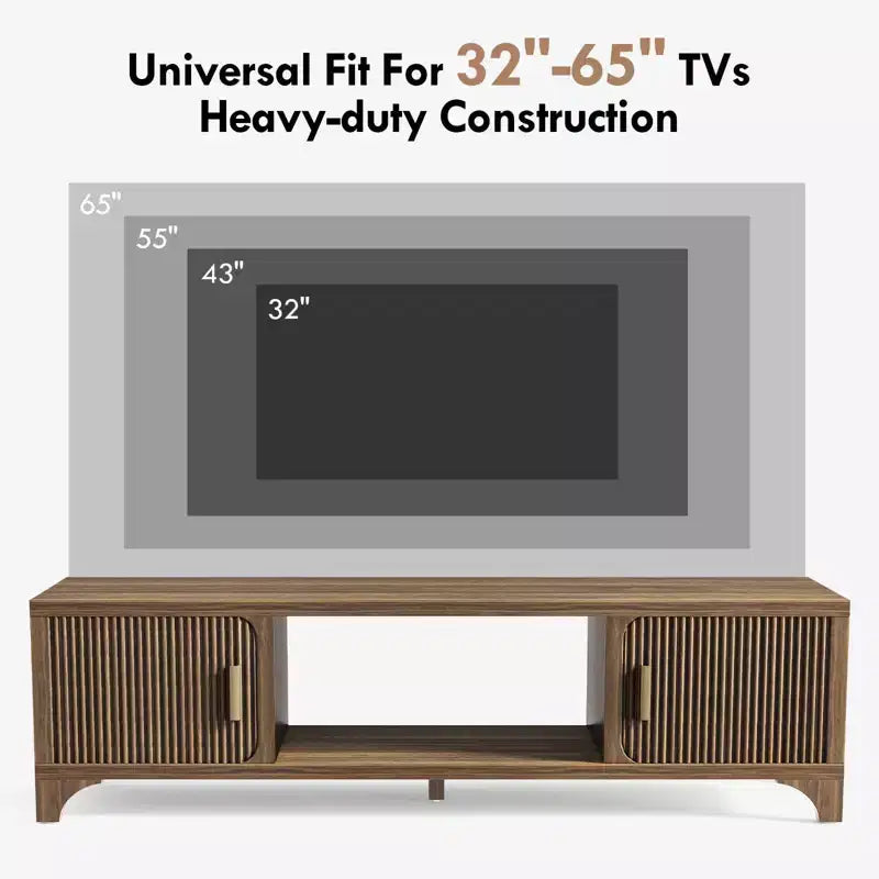 Meuble TV moderne Mid-Century SUGIFT pour téléviseurs de 55/65 pouces, console média bohème avec portes cannelées, placards de rangement et étagère ouverte