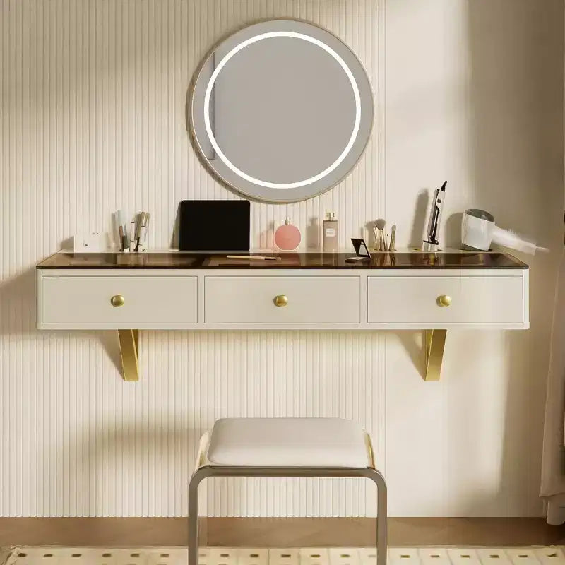 Coiffeuse murale multifonctionnelle avec tiroir, coiffeuse à plateau en verre, coiffeuse compacte pour chambre à coucher, coiffeuse pour coiffeurs