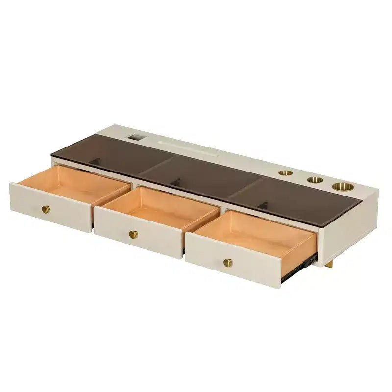 Coiffeuse murale multifonctionnelle Okak avec tiroir, coiffeuse avec plateau en verre, coiffeuse compacte pour chambre à coucher, coiffeuse pour coiffeurs