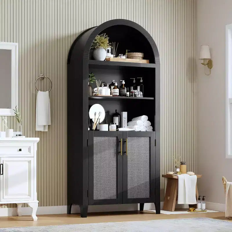 Bibliothèque arquée avec portes - Étagère de présentation ouverte à 5 niveaux avec décor en rotin, Armoire de rangement moderne pour bureau, salon, bibliothèque