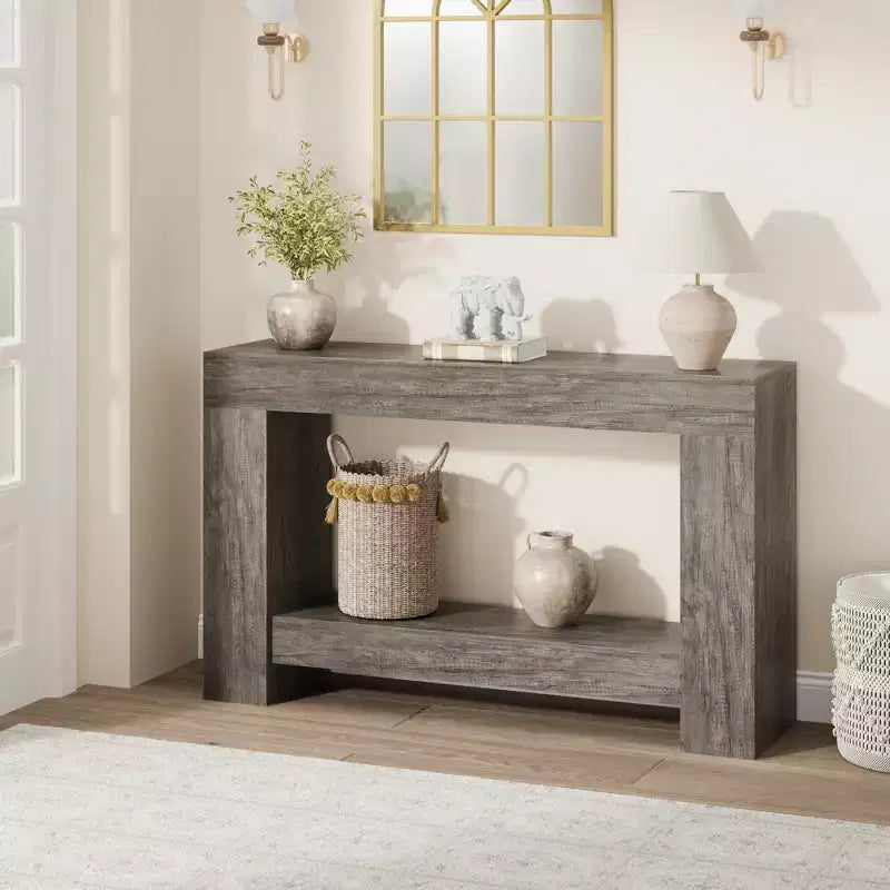 Table console longue à 2 niveaux, table d'appoint de style ferme derrière le canapé pour l'entrée, le couloir, le salon
