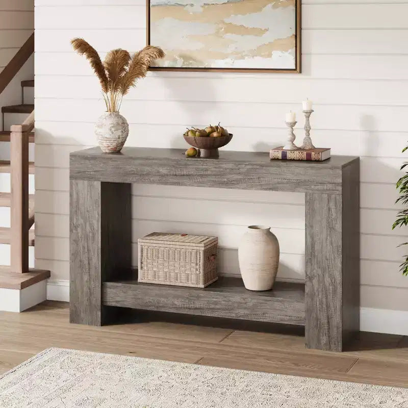 2-Tier Long Console Table Sofa Table, Farmhouse Entryway Accent Table Behind Couch for Entrance, Hallway, Living Room