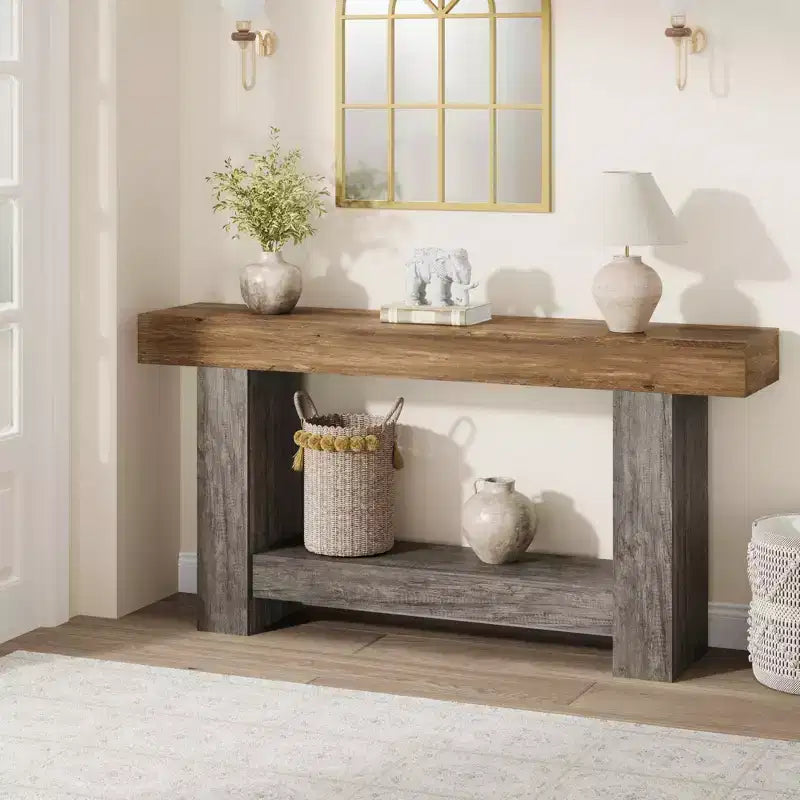 2-Tier Long Console Table Sofa Table, Farmhouse Entryway Accent Table Behind Couch for Entrance, Hallway, Living Room