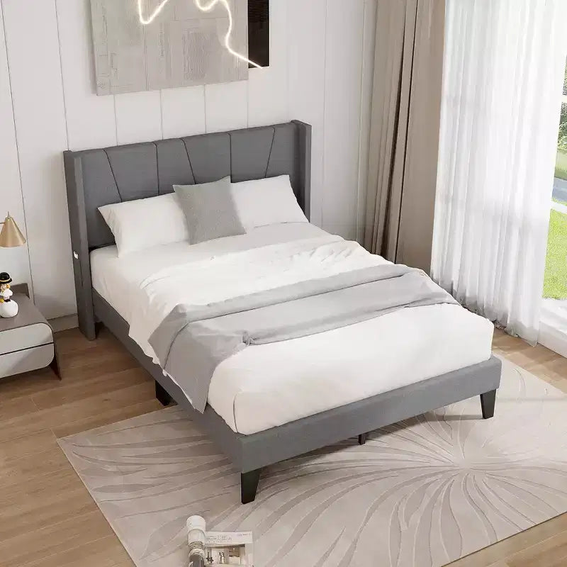 Costway Cadre de Lit Capitonnage Grand Format avec Poches Élastiques Sommier Gris