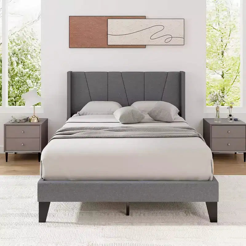 Costway Cadre de Lit Capitonnage Grand Format avec Poches Élastiques Sommier Gris