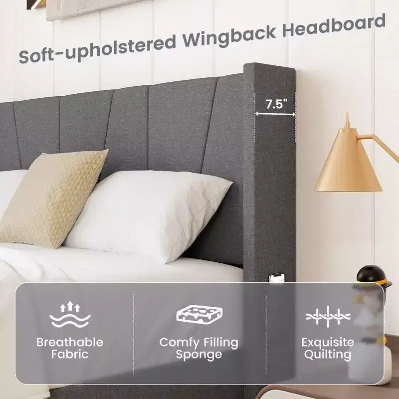 Cadre de lit rembourré grand format avec poches élastiques pour matelas Gris
