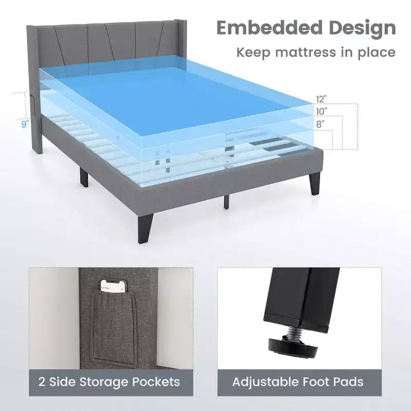 Cadre de lit rembourré grand format avec poches élastiques pour matelas Gris
