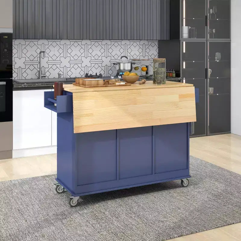 Desserte de cuisine avec plateau en bois et abattant, îlot de cuisine mobile roulant avec rangement et porte-serviettes