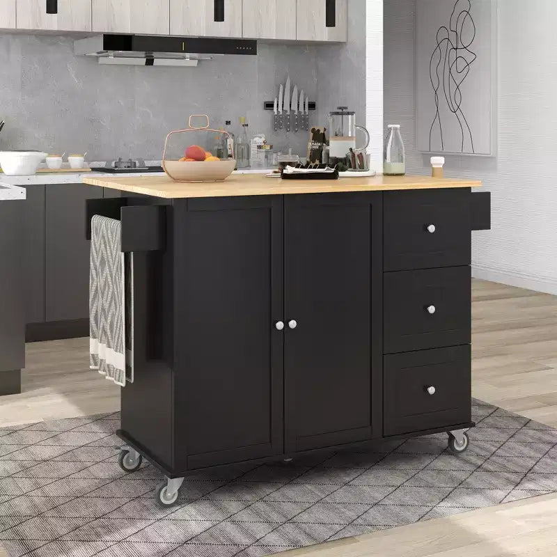 Desserte de cuisine avec plateau en bois et abattant, îlot de cuisine mobile roulant avec rangement et porte-serviettes