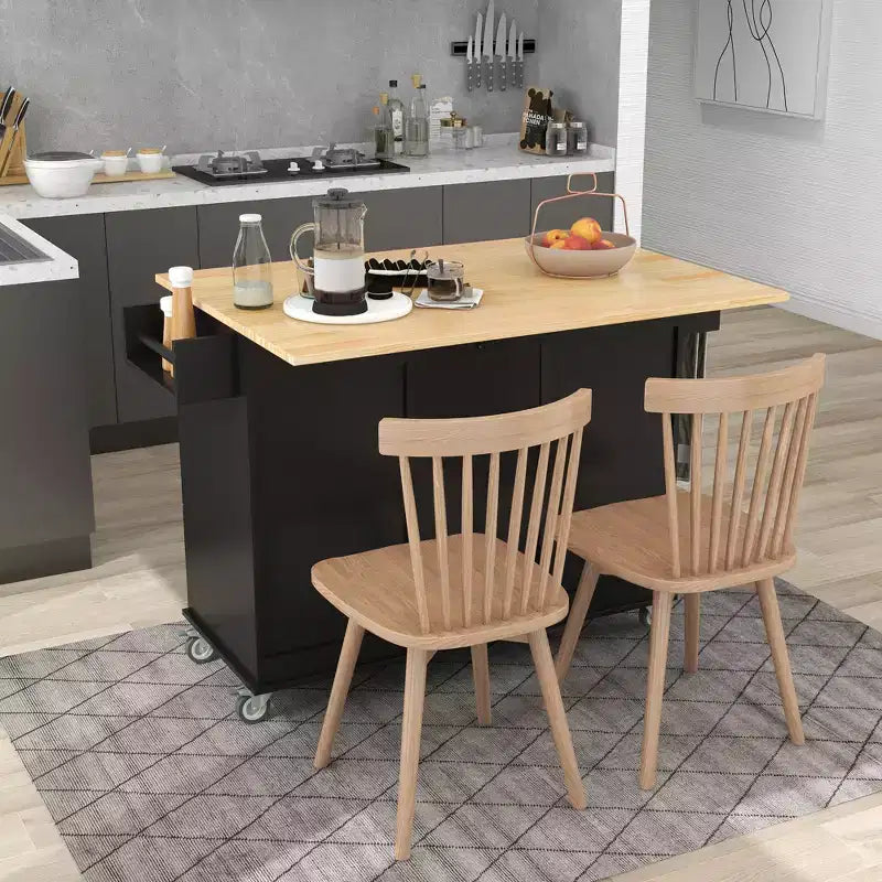 Desserte de cuisine avec plateau en bois et abattant, îlot de cuisine mobile roulant avec rangement et porte-serviettes
