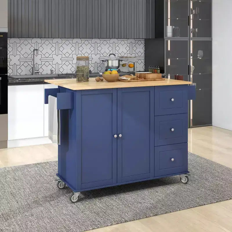 Desserte de cuisine avec plateau en bois et abattant, îlot de cuisine mobile roulant avec rangement et porte-serviettes