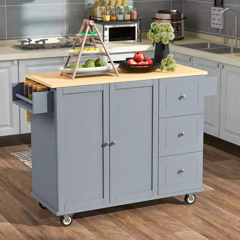 Desserte de cuisine avec plateau en bois et abattant, îlot de cuisine mobile roulant avec rangement et porte-serviettes