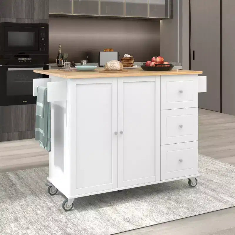 Desserte de cuisine avec plateau en bois et abattant, îlot de cuisine mobile roulant avec rangement et porte-serviettes