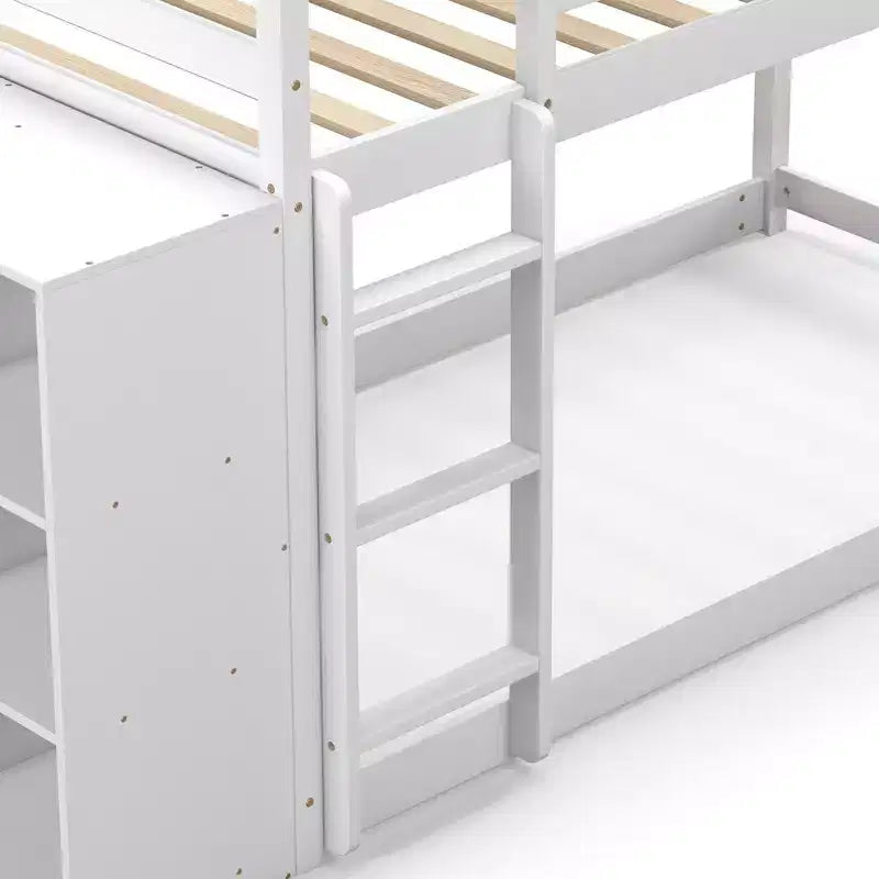 Lits Superposés Jumeaux en Bois, Cadre en Bois, Étagères de Rangement, Échelle, Garde-Corps pour Enfants, Blanc