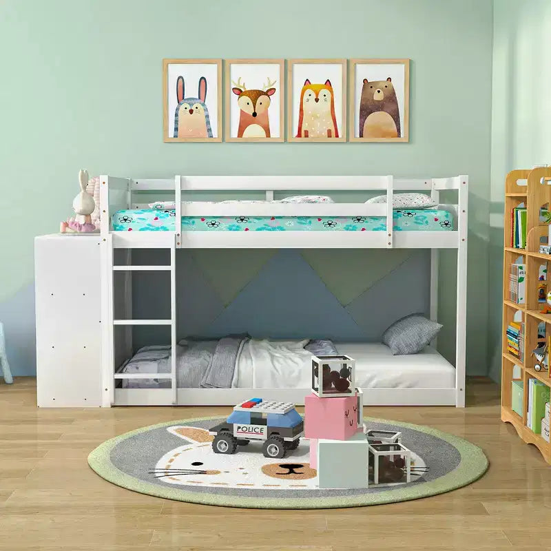 Lits Superposés Jumeaux en Bois, Cadre en Bois, Étagères de Rangement, Échelle, Garde-Corps pour Enfants, Blanc