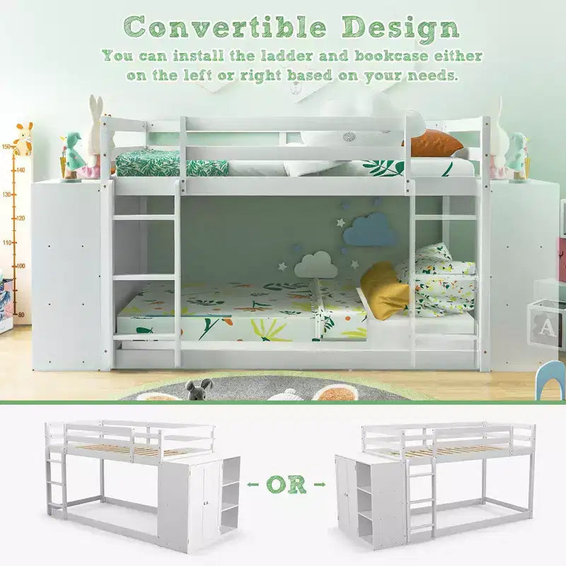 Costway Lit superposé double en bois avec étagères de rangement, échelle et barrières pour enfants, blanc
