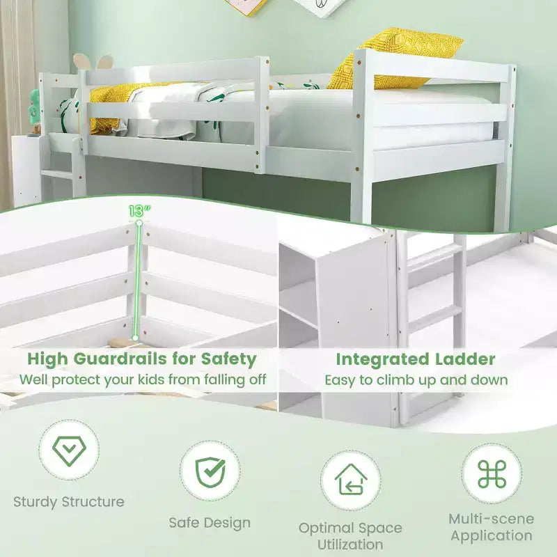 Lits Superposés Jumeaux en Bois, Cadre en Bois, Étagères de Rangement, Échelle, Garde-Corps pour Enfants, Blanc