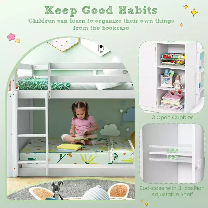 Lits Superposés Jumeaux en Bois, Cadre en Bois, Étagères de Rangement, Échelle, Garde-Corps pour Enfants, Blanc