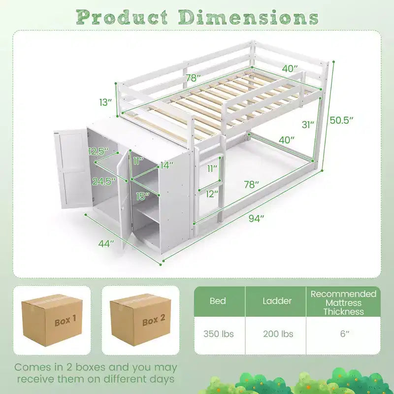Lits Superposés Jumeaux en Bois, Cadre en Bois, Étagères de Rangement, Échelle, Garde-Corps pour Enfants, Blanc